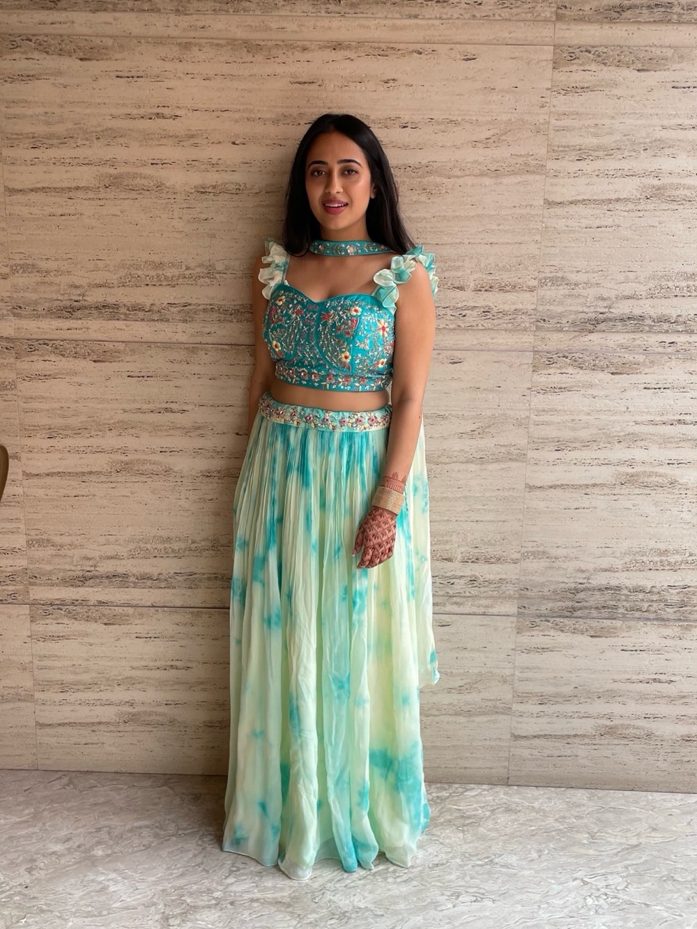 Embellished Aqua Tie-Dye lehenga with corset blouse